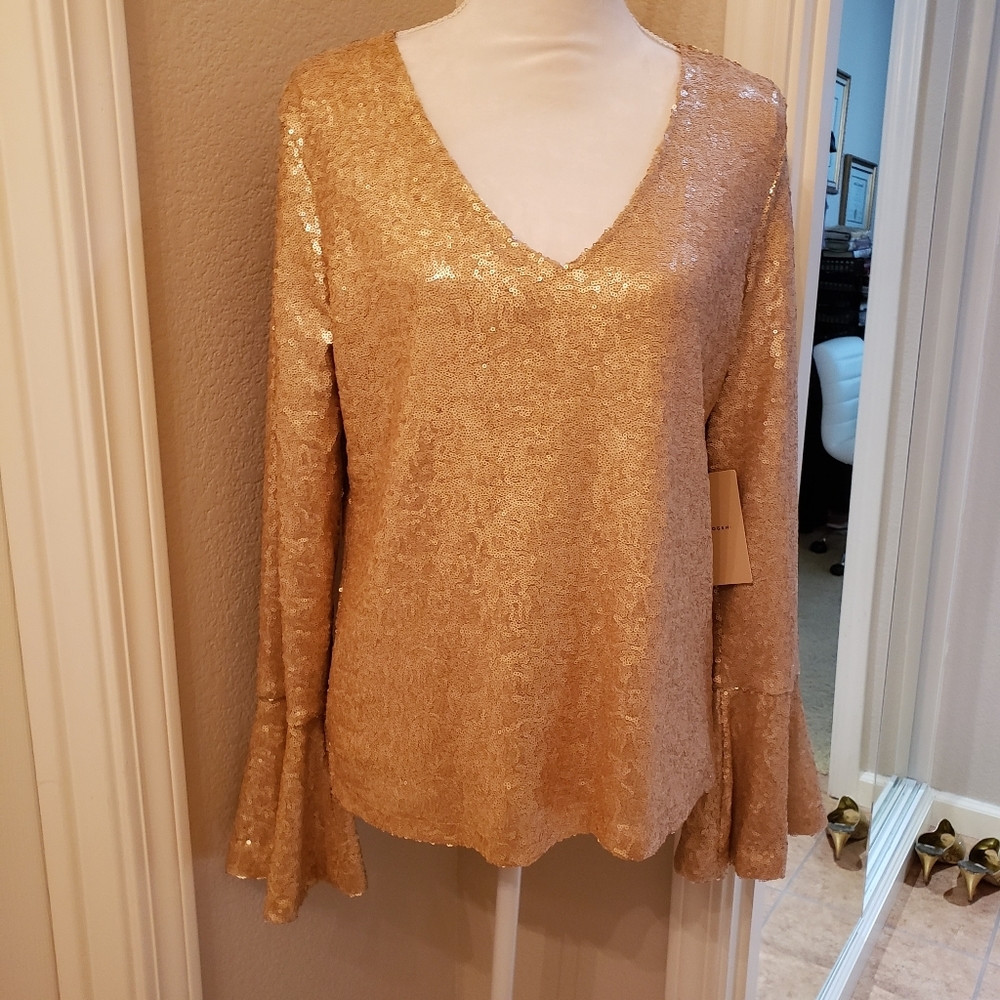 HALOGEN sequin long sleeve top soft pale pink colo